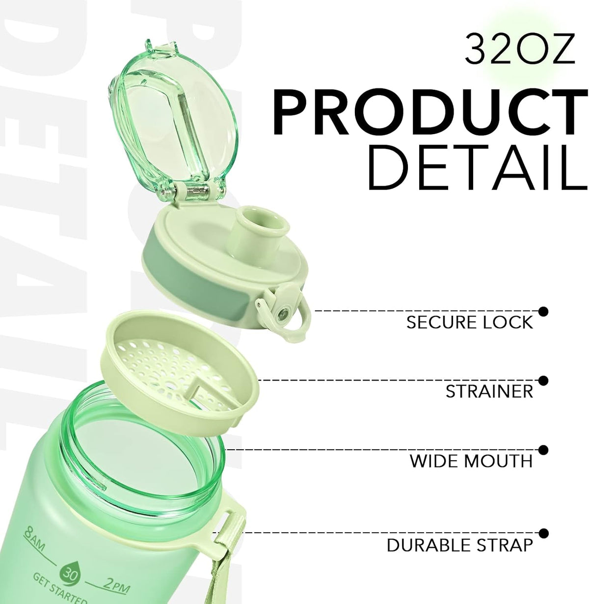 32oz Water Bottle with Time Marker, Motivational Drinking Bottle with Strap, BPA-Free Leak-Proof, Encouraging Water Bottle Time to Drink Water for Gym School Office Travel