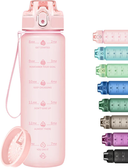 32oz Water Bottle with Time Marker, Motivational Drinking Bottle with Strap, BPA-Free Leak-Proof, Encouraging Water Bottle Time to Drink Water for Gym School Office Travel