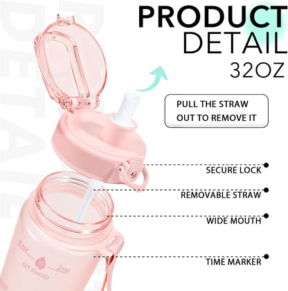 32oz Water Bottle with Time Marker, Motivational Drinking Bottle with Strap, BPA-Free Leak-Proof, Encouraging Water Bottle Time to Drink Water for Gym School Office Travel
