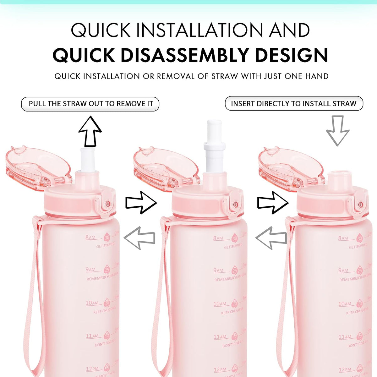 32oz Water Bottle with Time Marker, Motivational Drinking Bottle with Strap, BPA-Free Leak-Proof, Encouraging Water Bottle Time to Drink Water for Gym School Office Travel