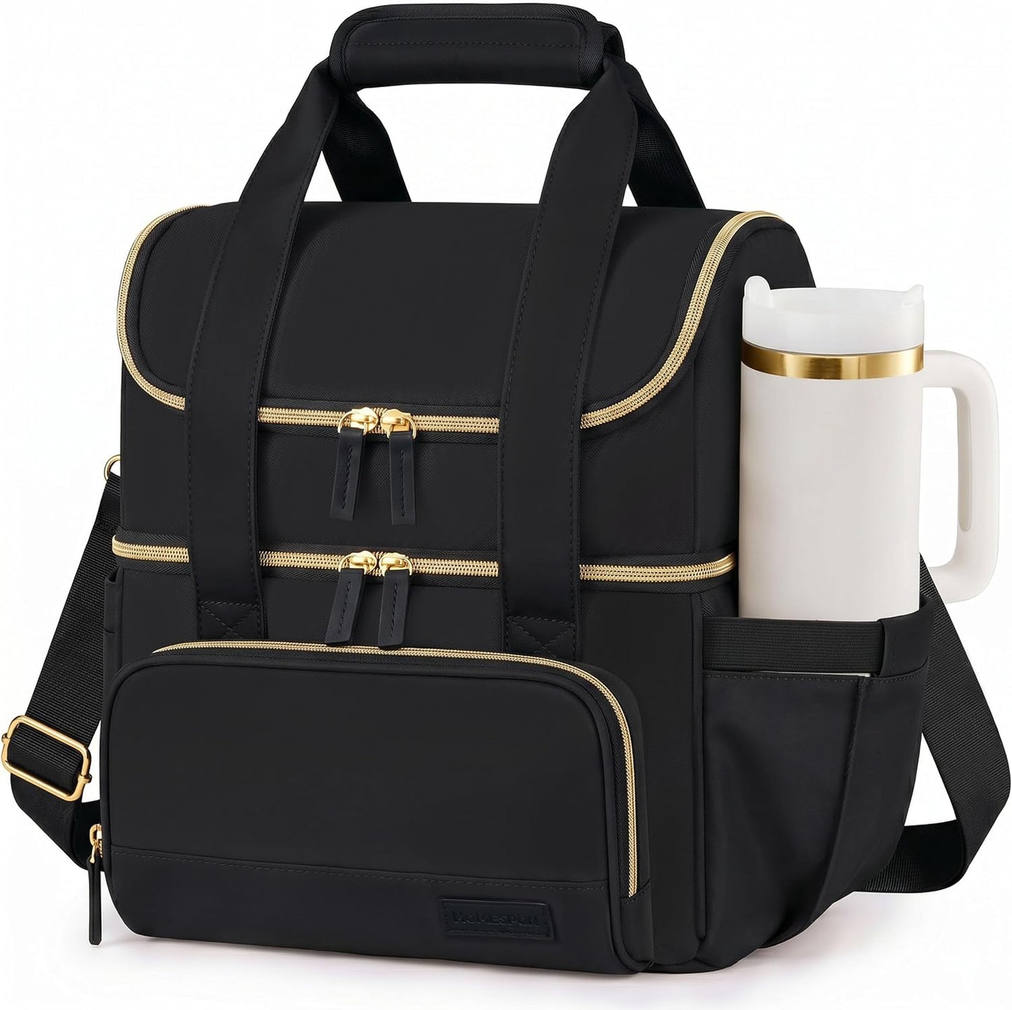Double Layer Insulated Lunch Bag with Shoulder Strap, 12L, Black | Leakproof Ice Cooler Base, Cup Holder Buckle & Mesh Utensil Pocket, Oxford Waterproof Fabric, 3-Way Carry