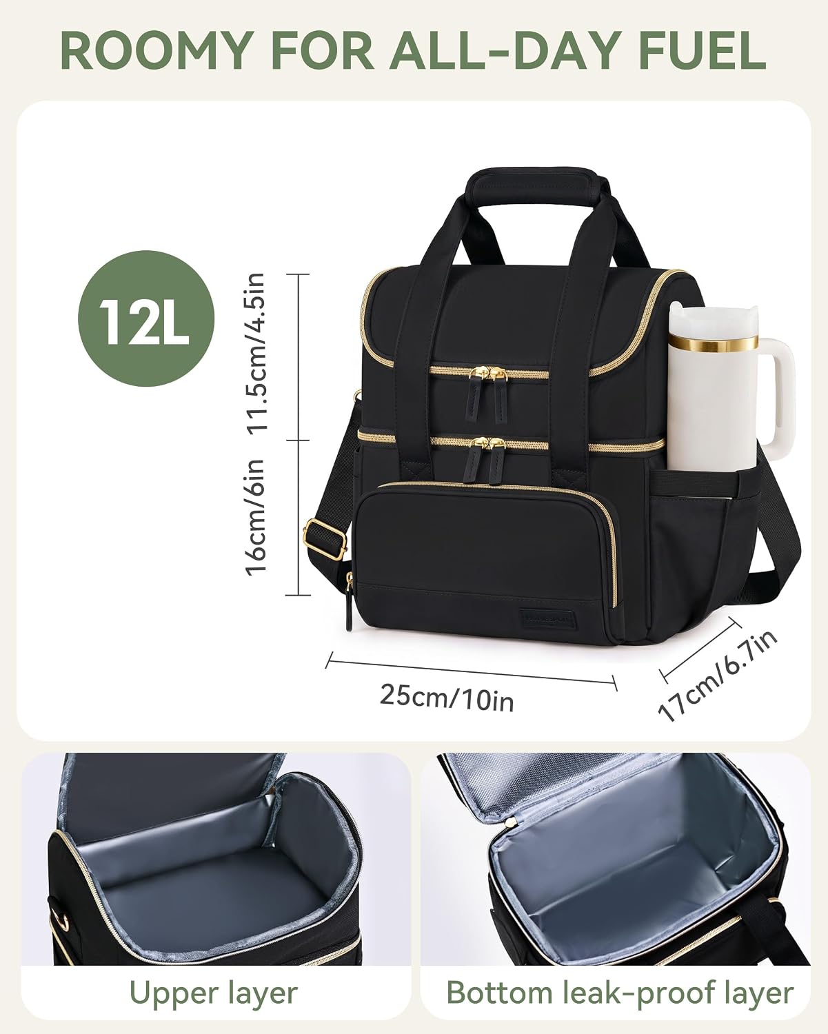 Double Layer Insulated Lunch Bag with Shoulder Strap, 12L, Black | Leakproof Ice Cooler Base, Cup Holder Buckle & Mesh Utensil Pocket, Oxford Waterproof Fabric, 3-Way Carry