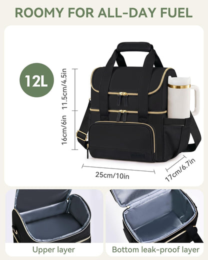 Double Layer Insulated Lunch Bag with Shoulder Strap, 12L, Black | Leakproof Ice Cooler Base, Cup Holder Buckle & Mesh Utensil Pocket, Oxford Waterproof Fabric, 3-Way Carry