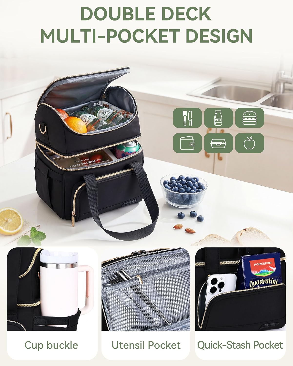 Double Layer Insulated Lunch Bag with Shoulder Strap, 12L, Black | Leakproof Ice Cooler Base, Cup Holder Buckle & Mesh Utensil Pocket, Oxford Waterproof Fabric, 3-Way Carry