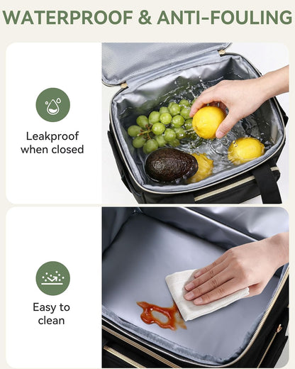 Double Layer Insulated Lunch Bag with Shoulder Strap, 12L, Black | Leakproof Ice Cooler Base, Cup Holder Buckle & Mesh Utensil Pocket, Oxford Waterproof Fabric, 3-Way Carry