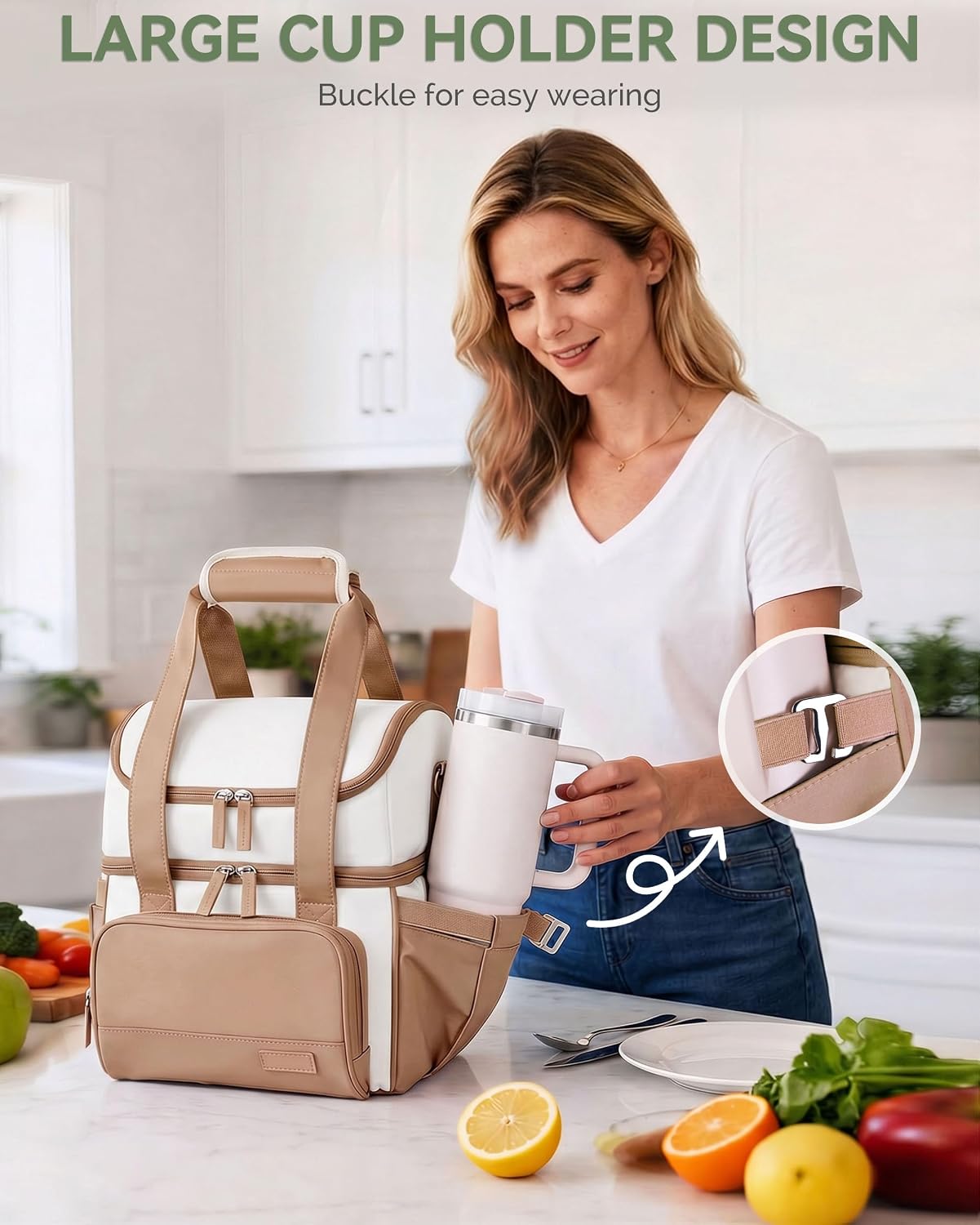 Double Layer Insulated Lunch Bag with Shoulder Strap, 12L, Black | Leakproof Ice Cooler Base, Cup Holder Buckle & Mesh Utensil Pocket, Oxford Waterproof Fabric, 3-Way Carry