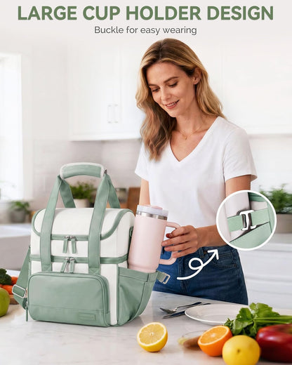 Double Layer Insulated Lunch Bag with Shoulder Strap, 12L, Black | Leakproof Ice Cooler Base, Cup Holder Buckle & Mesh Utensil Pocket, Oxford Waterproof Fabric, 3-Way Carry