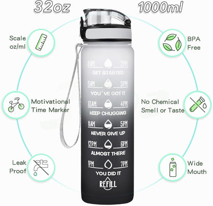 Water Bottle, Leakproof BPA & Toxic Free, Motivational Water Bottle with Times to Drink and Straw, Fitness Sports Water Bottle with Strap for Office, Gym, Outdoor Sports