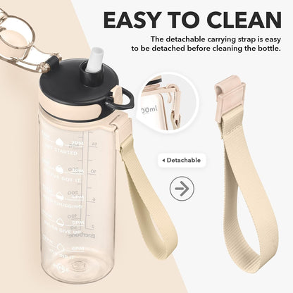 Water Bottle, Leakproof BPA & Toxic Free, Motivational Water Bottle with Times to Drink and Straw, Fitness Sports Water Bottle with Strap for Office, Gym, Outdoor Sports