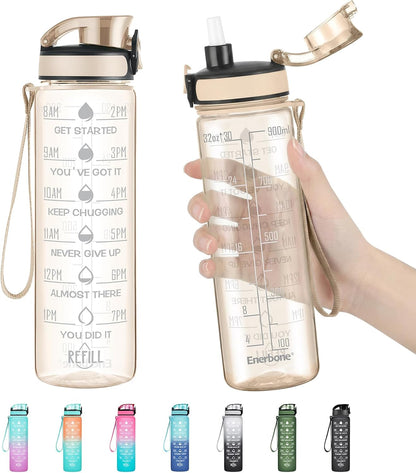 Water Bottle, Leakproof BPA & Toxic Free, Motivational Water Bottle with Times to Drink and Straw, Fitness Sports Water Bottle with Strap for Office, Gym, Outdoor Sports
