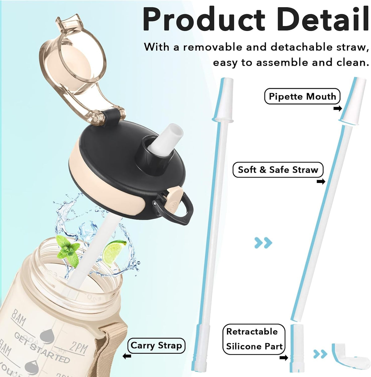 Water Bottle, Leakproof BPA & Toxic Free, Motivational Water Bottle with Times to Drink and Straw, Fitness Sports Water Bottle with Strap for Office, Gym, Outdoor Sports