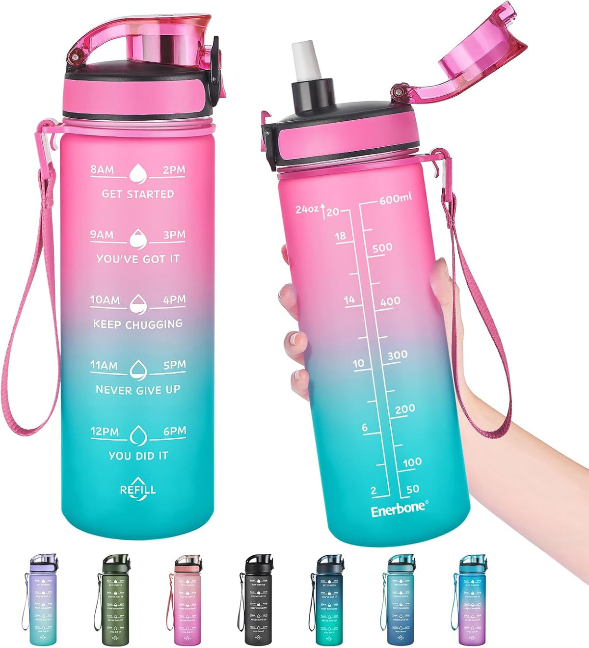 Water Bottle, Leakproof BPA & Toxic Free, Motivational Water Bottle with Times to Drink and Straw, Fitness Sports Water Bottle with Strap for Office, Gym, Outdoor Sports