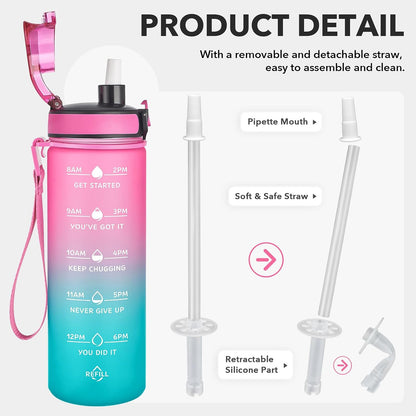 Water Bottle, Leakproof BPA & Toxic Free, Motivational Water Bottle with Times to Drink and Straw, Fitness Sports Water Bottle with Strap for Office, Gym, Outdoor Sports