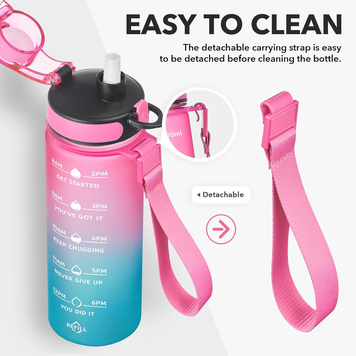 Water Bottle, Leakproof BPA & Toxic Free, Motivational Water Bottle with Times to Drink and Straw, Fitness Sports Water Bottle with Strap for Office, Gym, Outdoor Sports