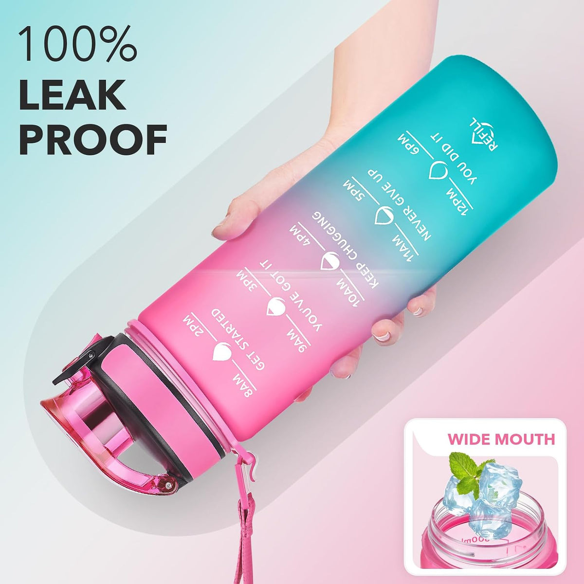 Water Bottle, Leakproof BPA & Toxic Free, Motivational Water Bottle with Times to Drink and Straw, Fitness Sports Water Bottle with Strap for Office, Gym, Outdoor Sports