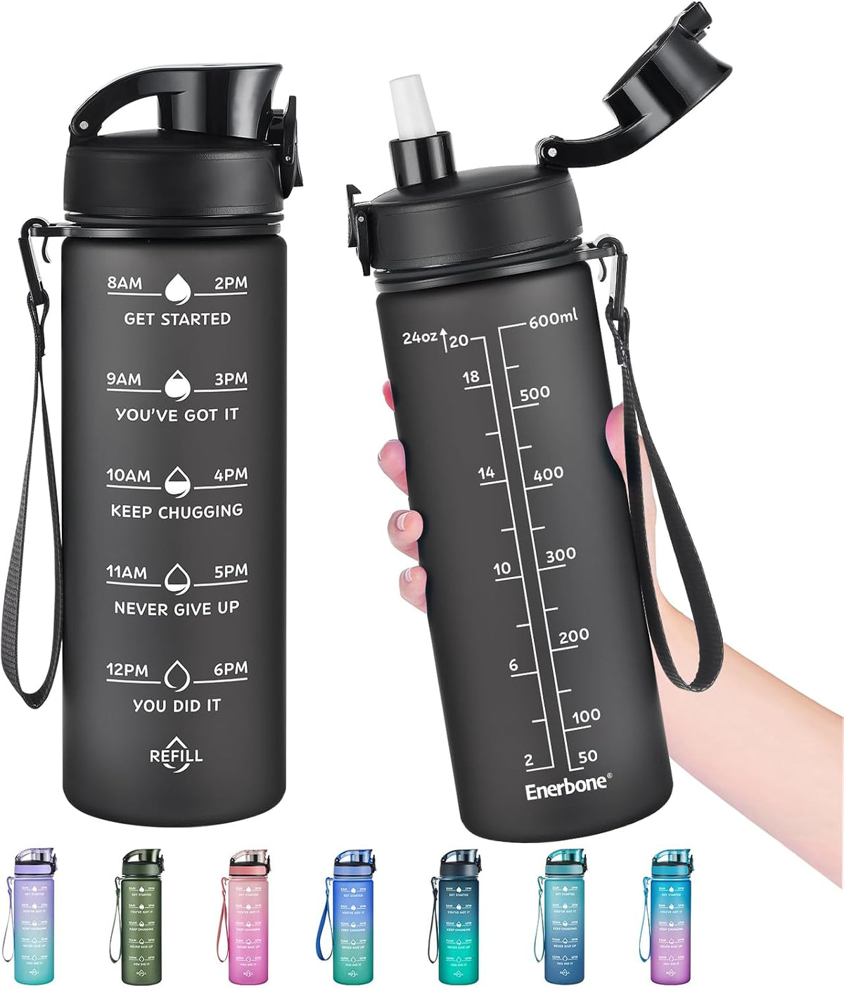 Water Bottle, Leakproof BPA & Toxic Free, Motivational Water Bottle with Times to Drink and Straw, Fitness Sports Water Bottle with Strap for Office, Gym, Outdoor Sports