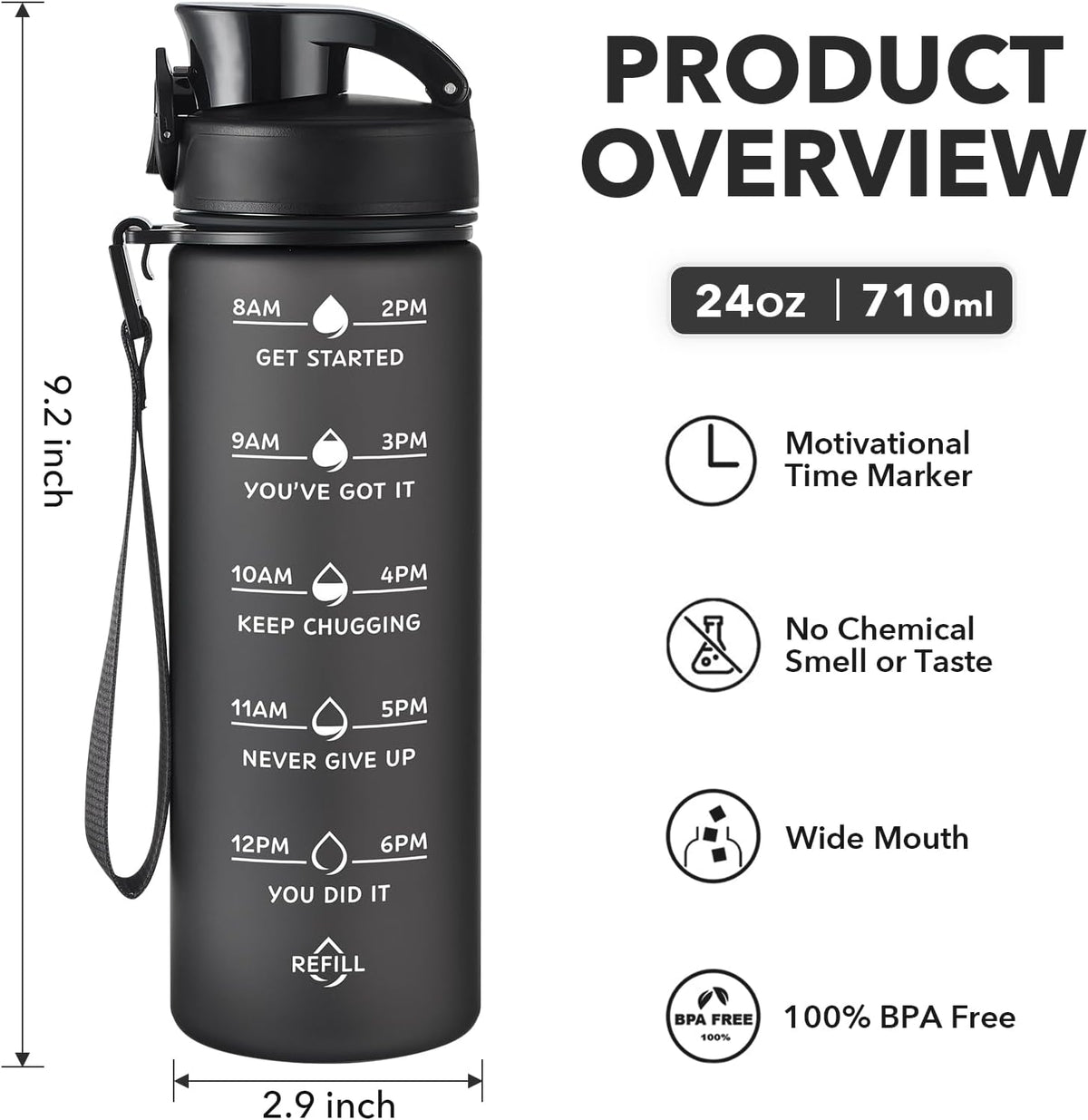 Water Bottle, Leakproof BPA & Toxic Free, Motivational Water Bottle with Times to Drink and Straw, Fitness Sports Water Bottle with Strap for Office, Gym, Outdoor Sports