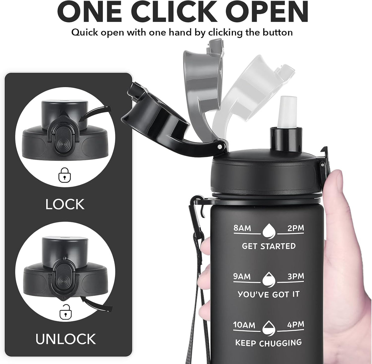 Water Bottle, Leakproof BPA & Toxic Free, Motivational Water Bottle with Times to Drink and Straw, Fitness Sports Water Bottle with Strap for Office, Gym, Outdoor Sports