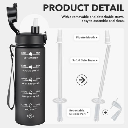 Water Bottle, Leakproof BPA & Toxic Free, Motivational Water Bottle with Times to Drink and Straw, Fitness Sports Water Bottle with Strap for Office, Gym, Outdoor Sports