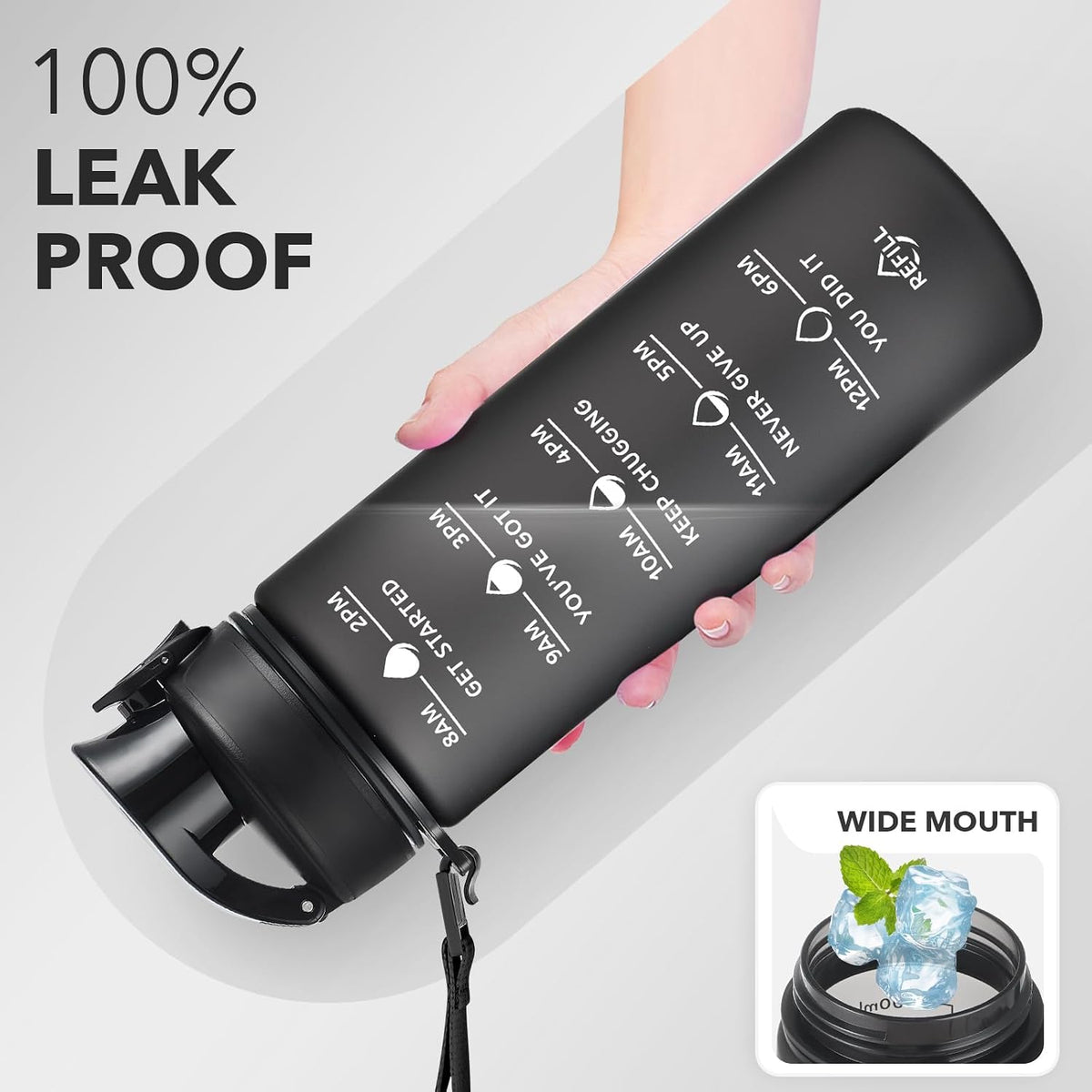 Water Bottle, Leakproof BPA & Toxic Free, Motivational Water Bottle with Times to Drink and Straw, Fitness Sports Water Bottle with Strap for Office, Gym, Outdoor Sports