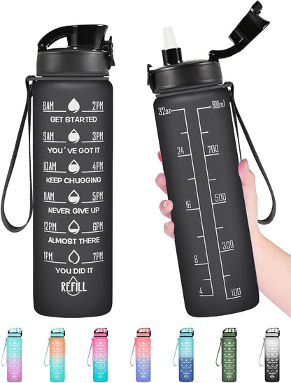 Water Bottle, Leakproof BPA & Toxic Free, Motivational Water Bottle with Times to Drink and Straw, Fitness Sports Water Bottle with Strap for Office, Gym, Outdoor Sports