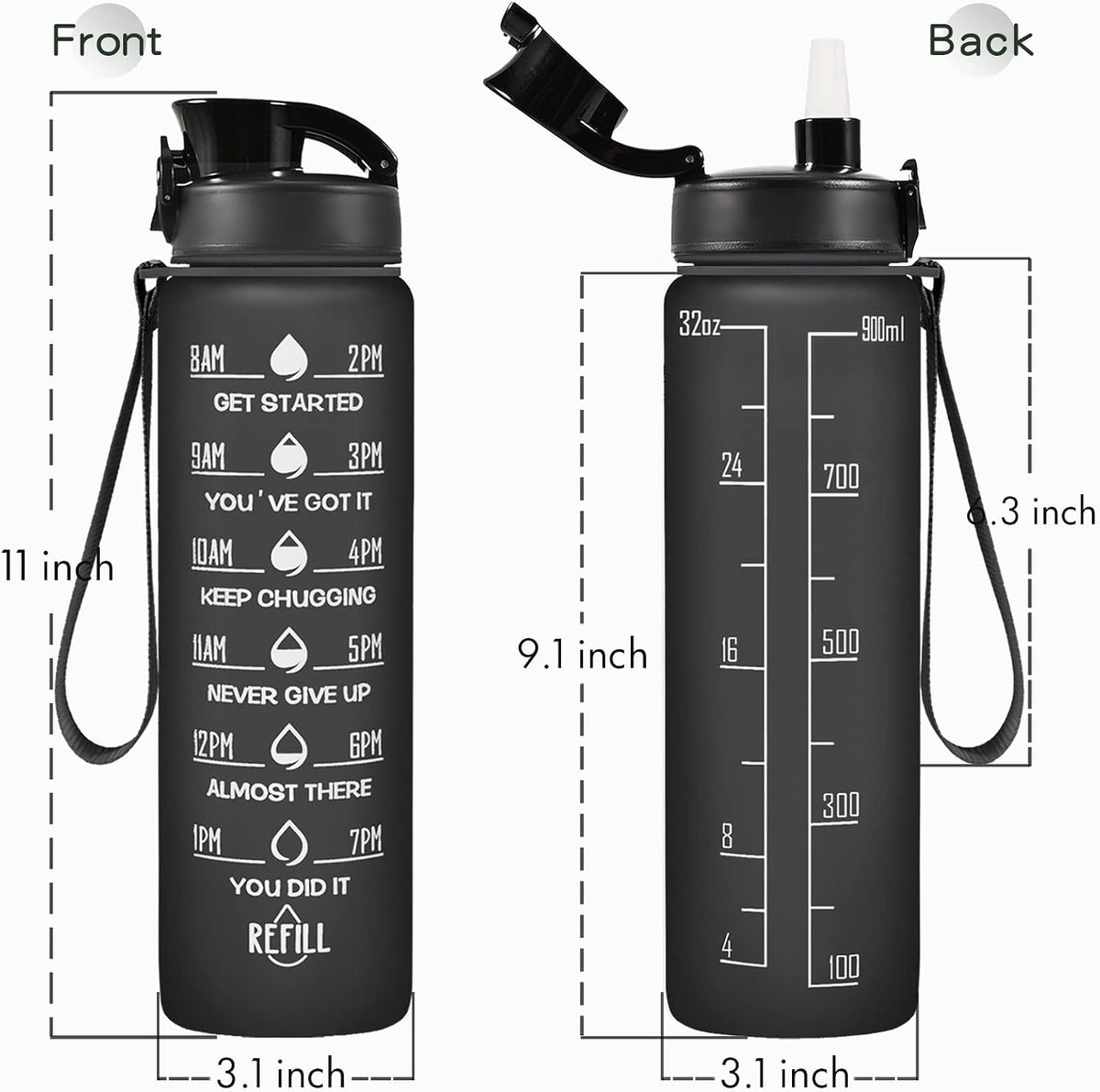 Water Bottle, Leakproof BPA & Toxic Free, Motivational Water Bottle with Times to Drink and Straw, Fitness Sports Water Bottle with Strap for Office, Gym, Outdoor Sports