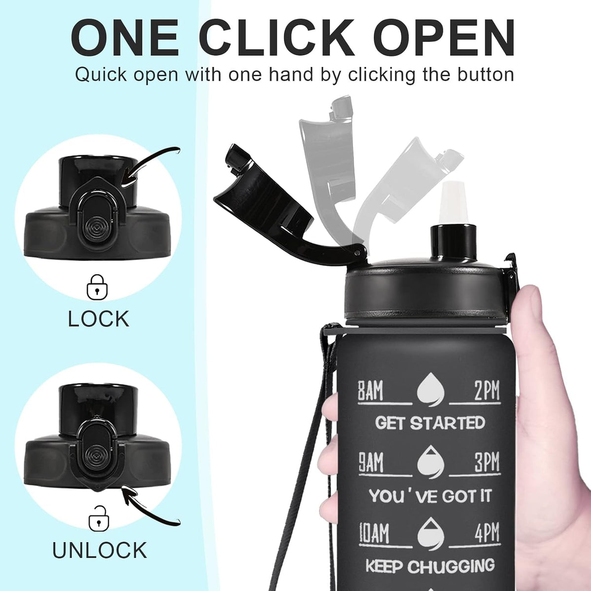 Water Bottle, Leakproof BPA & Toxic Free, Motivational Water Bottle with Times to Drink and Straw, Fitness Sports Water Bottle with Strap for Office, Gym, Outdoor Sports
