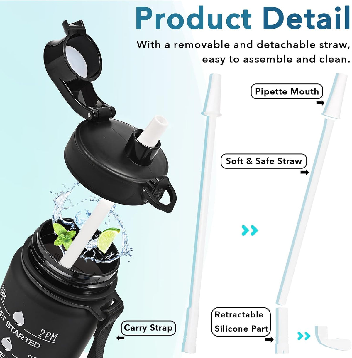 Water Bottle, Leakproof BPA & Toxic Free, Motivational Water Bottle with Times to Drink and Straw, Fitness Sports Water Bottle with Strap for Office, Gym, Outdoor Sports