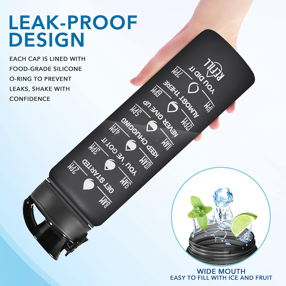 Water Bottle, Leakproof BPA & Toxic Free, Motivational Water Bottle with Times to Drink and Straw, Fitness Sports Water Bottle with Strap for Office, Gym, Outdoor Sports