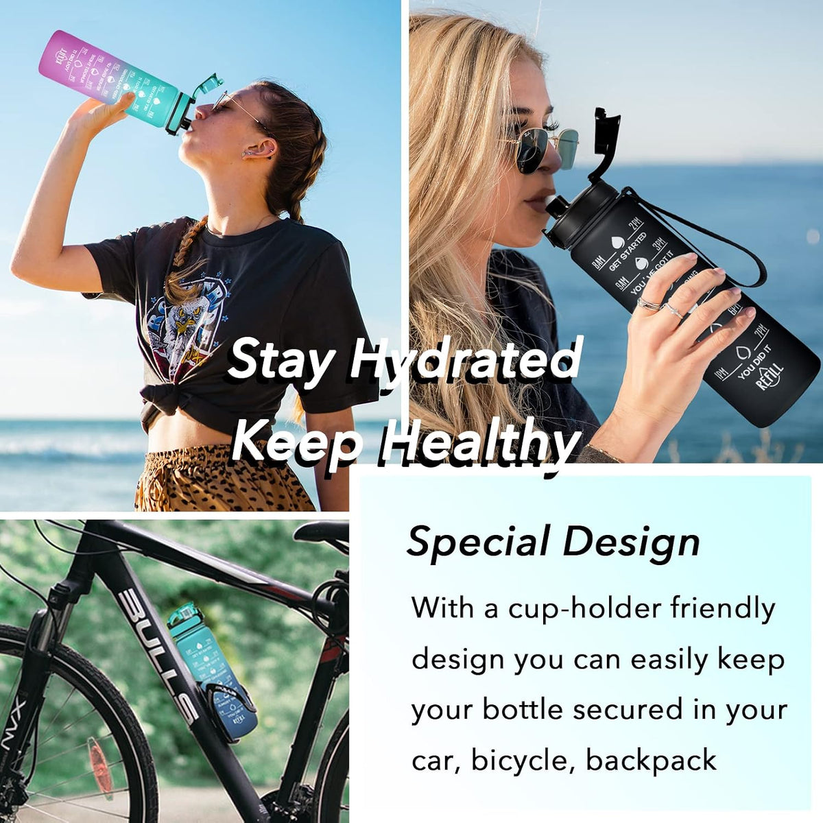 Water Bottle, Leakproof BPA & Toxic Free, Motivational Water Bottle with Times to Drink and Straw, Fitness Sports Water Bottle with Strap for Office, Gym, Outdoor Sports