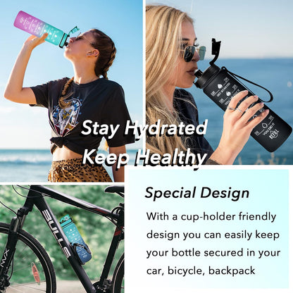 Water Bottle, Leakproof BPA & Toxic Free, Motivational Water Bottle with Times to Drink and Straw, Fitness Sports Water Bottle with Strap for Office, Gym, Outdoor Sports