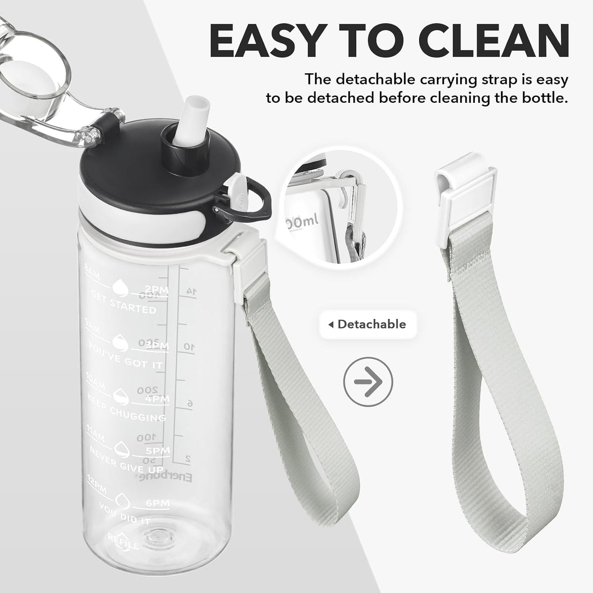 Water Bottle, Leakproof BPA & Toxic Free, Motivational Water Bottle with Times to Drink and Straw, Fitness Sports Water Bottle with Strap for Office, Gym, Outdoor Sports