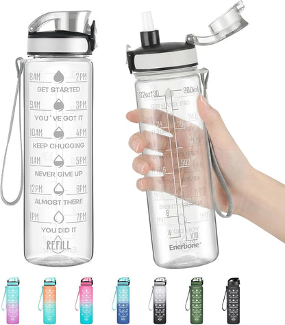 Water Bottle, Leakproof BPA & Toxic Free, Motivational Water Bottle with Times to Drink and Straw, Fitness Sports Water Bottle with Strap for Office, Gym, Outdoor Sports