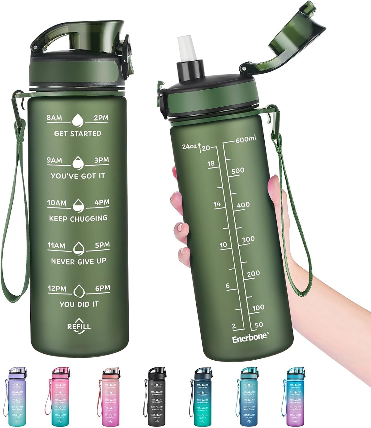 Water Bottle, Leakproof BPA & Toxic Free, Motivational Water Bottle with Times to Drink and Straw, Fitness Sports Water Bottle with Strap for Office, Gym, Outdoor Sports