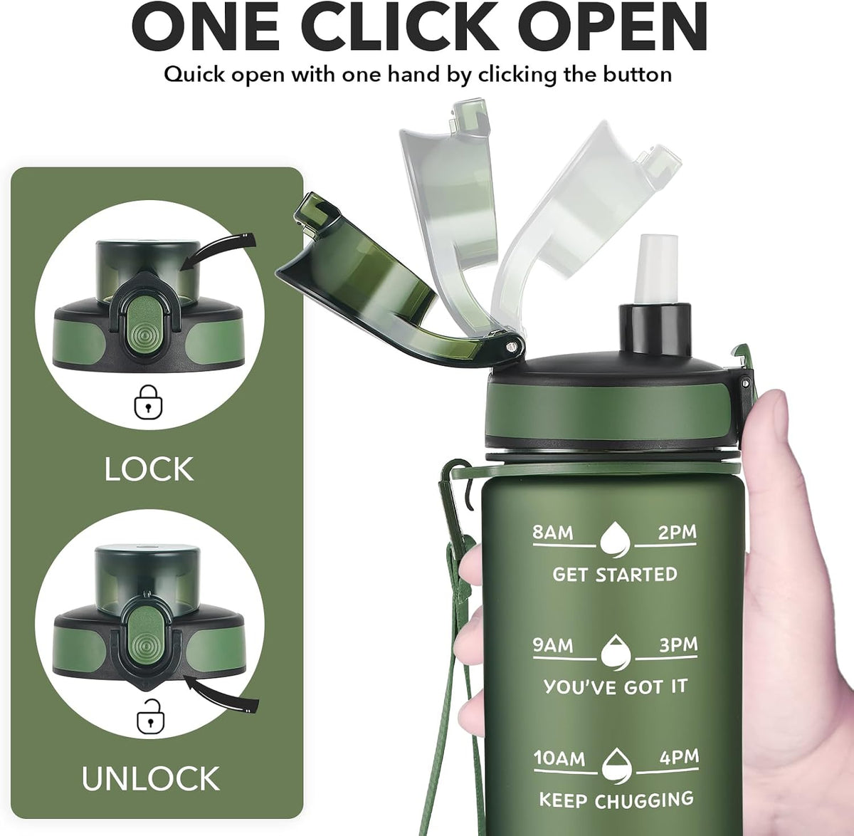 Water Bottle, Leakproof BPA & Toxic Free, Motivational Water Bottle with Times to Drink and Straw, Fitness Sports Water Bottle with Strap for Office, Gym, Outdoor Sports