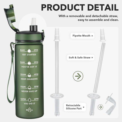 Water Bottle, Leakproof BPA & Toxic Free, Motivational Water Bottle with Times to Drink and Straw, Fitness Sports Water Bottle with Strap for Office, Gym, Outdoor Sports