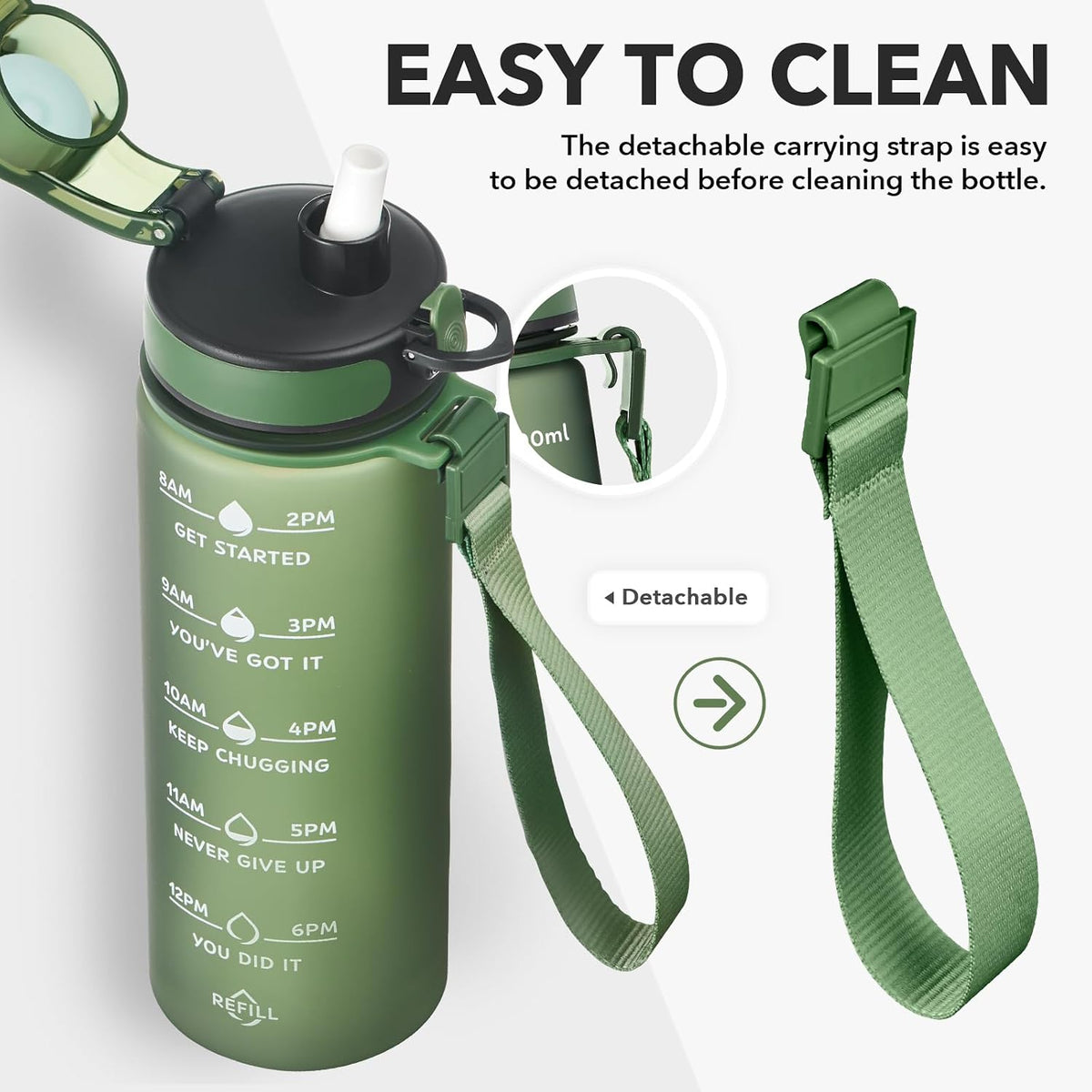 Water Bottle, Leakproof BPA & Toxic Free, Motivational Water Bottle with Times to Drink and Straw, Fitness Sports Water Bottle with Strap for Office, Gym, Outdoor Sports