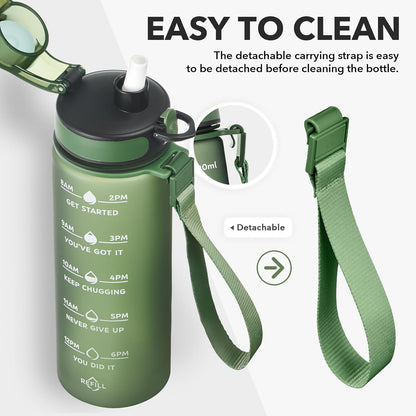 Water Bottle, Leakproof BPA & Toxic Free, Motivational Water Bottle with Times to Drink and Straw, Fitness Sports Water Bottle with Strap for Office, Gym, Outdoor Sports