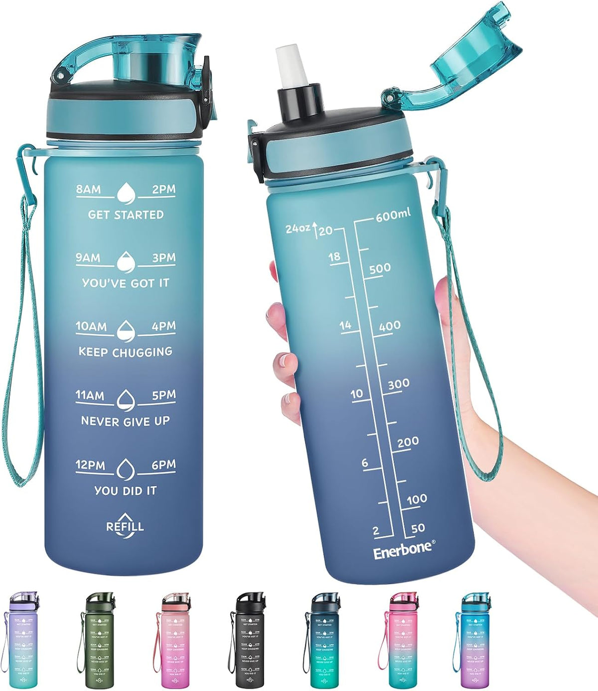 Water Bottle, Leakproof BPA & Toxic Free, Motivational Water Bottle with Times to Drink and Straw, Fitness Sports Water Bottle with Strap for Office, Gym, Outdoor Sports