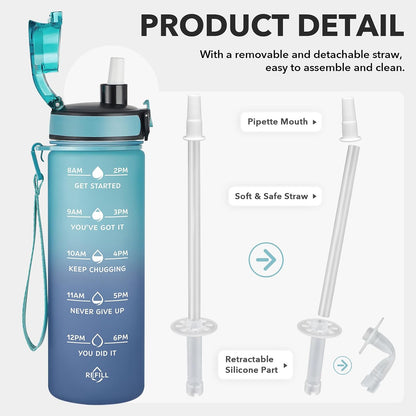 Water Bottle, Leakproof BPA & Toxic Free, Motivational Water Bottle with Times to Drink and Straw, Fitness Sports Water Bottle with Strap for Office, Gym, Outdoor Sports