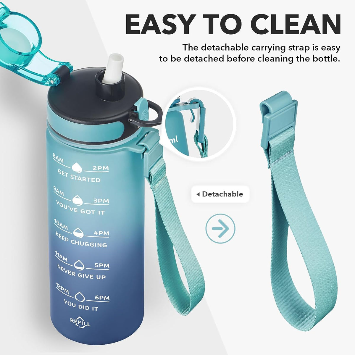 Water Bottle, Leakproof BPA & Toxic Free, Motivational Water Bottle with Times to Drink and Straw, Fitness Sports Water Bottle with Strap for Office, Gym, Outdoor Sports