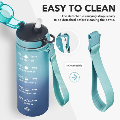 Water Bottle, Leakproof BPA & Toxic Free, Motivational Water Bottle with Times to Drink and Straw, Fitness Sports Water Bottle with Strap for Office, Gym, Outdoor Sports