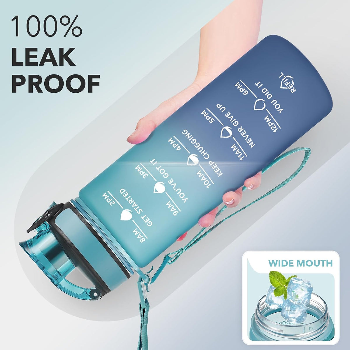 Water Bottle, Leakproof BPA & Toxic Free, Motivational Water Bottle with Times to Drink and Straw, Fitness Sports Water Bottle with Strap for Office, Gym, Outdoor Sports