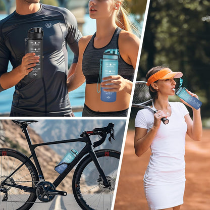 Water Bottle, Leakproof BPA & Toxic Free, Motivational Water Bottle with Times to Drink and Straw, Fitness Sports Water Bottle with Strap for Office, Gym, Outdoor Sports