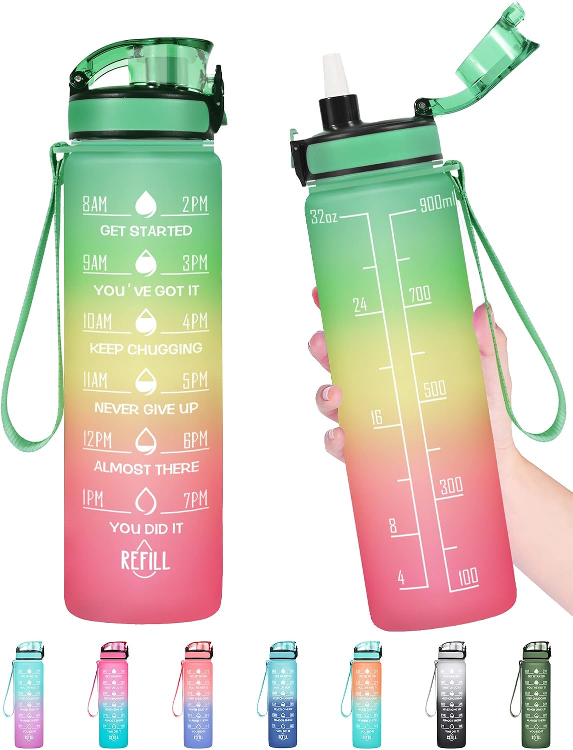 Water Bottle, Leakproof BPA & Toxic Free, Motivational Water Bottle with Times to Drink and Straw, Fitness Sports Water Bottle with Strap for Office, Gym, Outdoor Sports