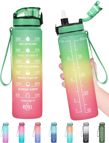 Water Bottle, Leakproof BPA & Toxic Free, Motivational Water Bottle with Times to Drink and Straw, Fitness Sports Water Bottle with Strap for Office, Gym, Outdoor Sports