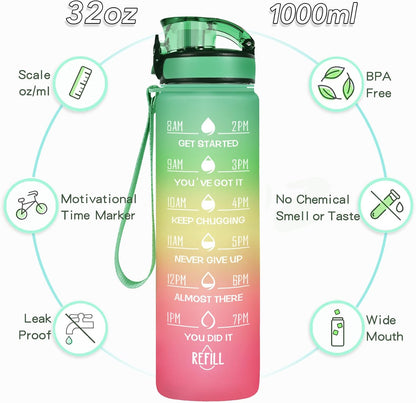 Water Bottle, Leakproof BPA & Toxic Free, Motivational Water Bottle with Times to Drink and Straw, Fitness Sports Water Bottle with Strap for Office, Gym, Outdoor Sports
