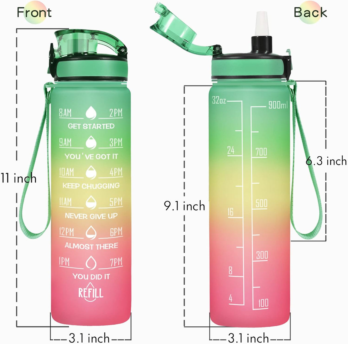 Water Bottle, Leakproof BPA & Toxic Free, Motivational Water Bottle with Times to Drink and Straw, Fitness Sports Water Bottle with Strap for Office, Gym, Outdoor Sports