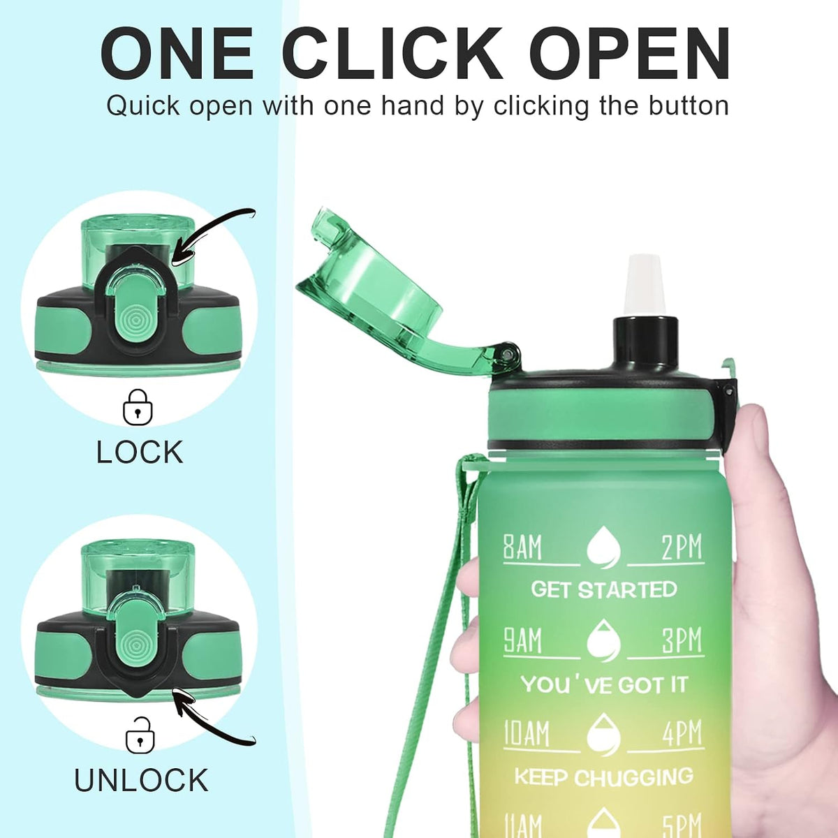 Water Bottle, Leakproof BPA & Toxic Free, Motivational Water Bottle with Times to Drink and Straw, Fitness Sports Water Bottle with Strap for Office, Gym, Outdoor Sports