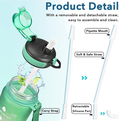 Water Bottle, Leakproof BPA & Toxic Free, Motivational Water Bottle with Times to Drink and Straw, Fitness Sports Water Bottle with Strap for Office, Gym, Outdoor Sports